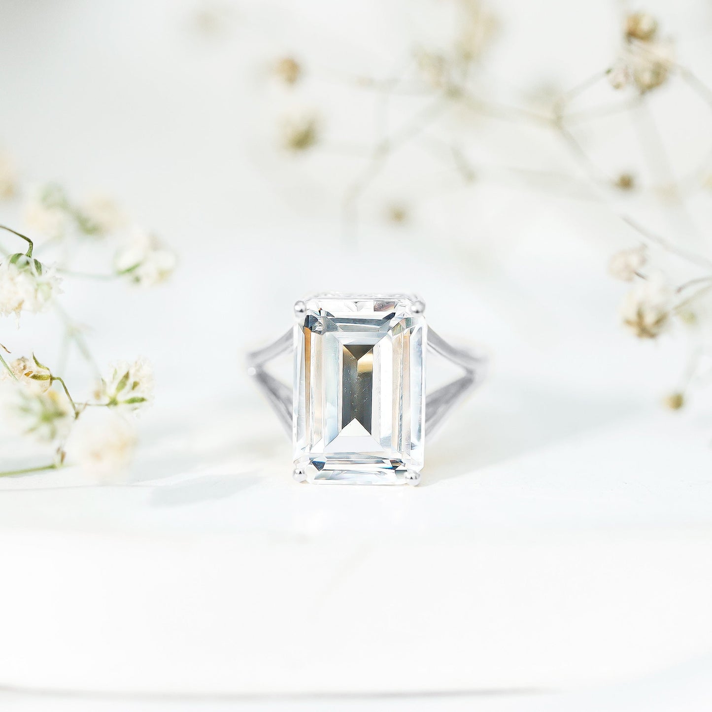 Certified 10X14 MM Emerald Cut Cubic Zirconia Solitaire Engagement Ring