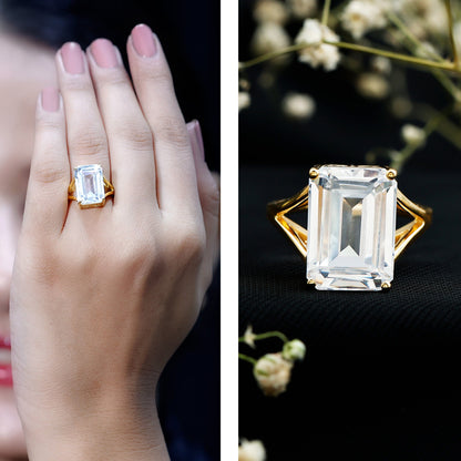 Certified 10X14 MM Emerald Cut Cubic Zirconia Solitaire Engagement Ring