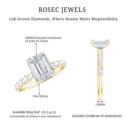 6X8 MM Emerald Cut Lab Grown Diamond Engagement Ring with Accent