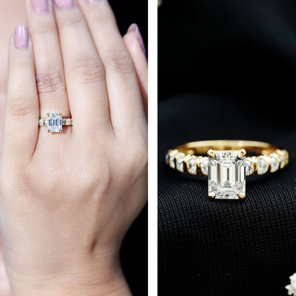 6X8 MM Emerald Cut Lab Grown Diamond Engagement Ring with Accent