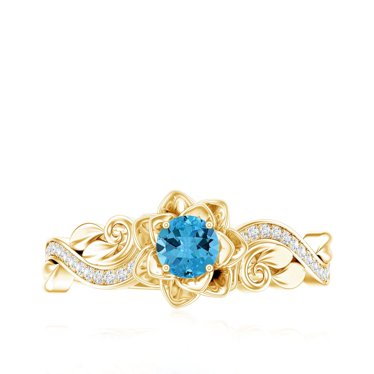 Natural Swiss Blue Topaz Flower Engagement Ring in Gold Plated Silver