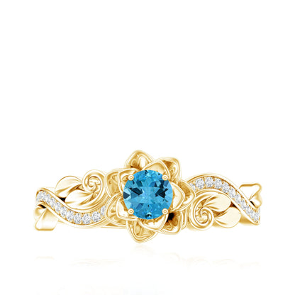 Natural Swiss Blue Topaz Flower Engagement Ring in Gold Plated Silver