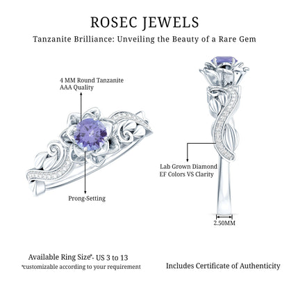 Certified Tanzanite and Diamond Flower Engagement Ring in Silver