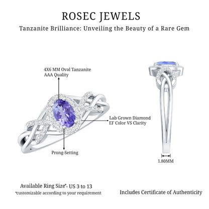 Real Tanzanite and Diamond Engagement Ring with Criss Cross Shank