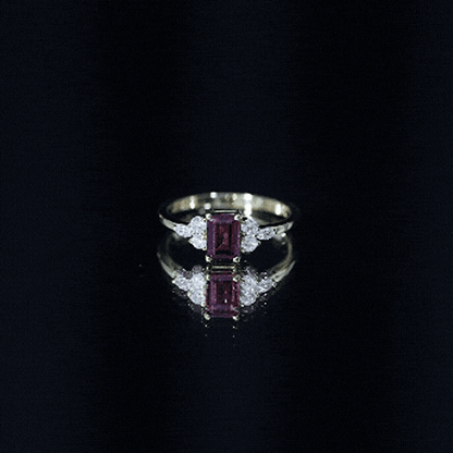 Certified Rhodolite Emerald Cut Engagement Ring with Diamond Trio