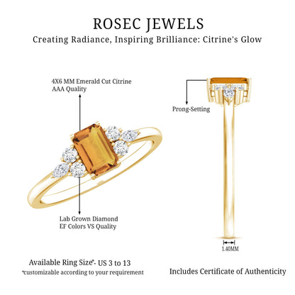 Natural 0.6 Carat Citrine Emerald Cut Engagement Ring with Diamond Trio