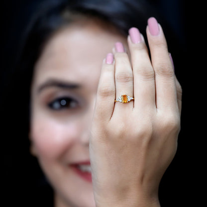 Natural 0.6 Carat Citrine Emerald Cut Engagement Ring with Diamond Trio