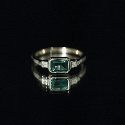 1 Carat Lab Grown Emerald 3 Stone Engagement Ring with Diamond in East West Style