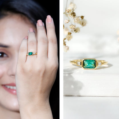 1 Carat Lab Grown Emerald 3 Stone Engagement Ring with Diamond in East West Style