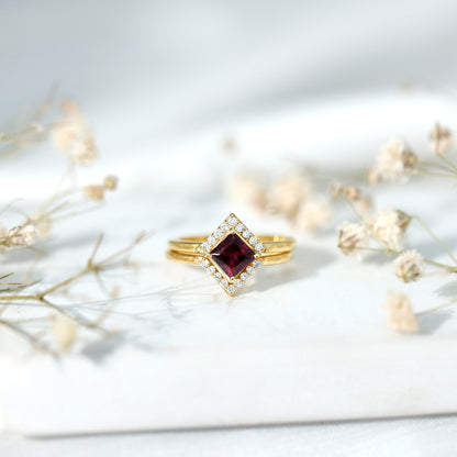 Rhodolite Garnet Princess Cut Engagement Ring with Diamond Enhancer