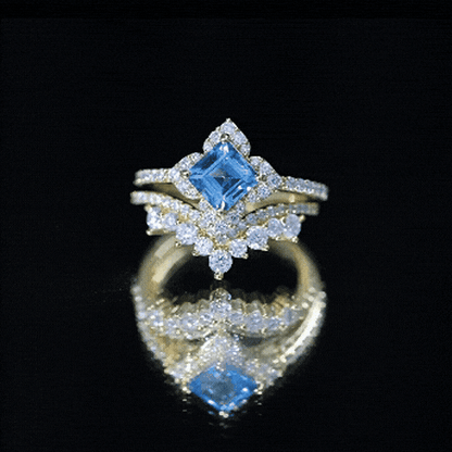 Genuine Princess Cut Swiss Blue Topaz Floral Wedding Ring Set in Silver