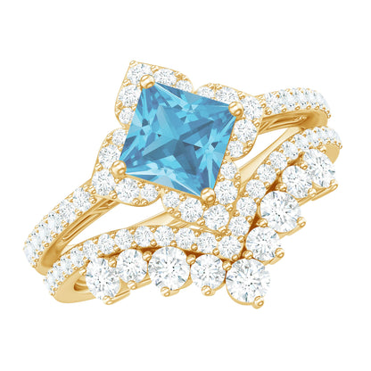 Genuine Princess Cut Swiss Blue Topaz Floral Wedding Ring Set in Silver