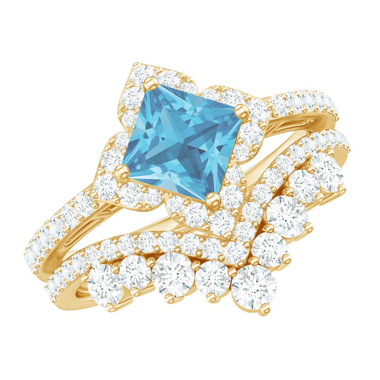 Genuine Princess Cut Swiss Blue Topaz Floral Wedding Ring Set in Silver