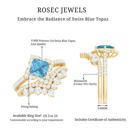 Genuine Princess Cut Swiss Blue Topaz Floral Wedding Ring Set in Silver