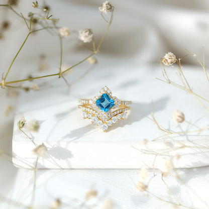 Genuine Princess Cut Swiss Blue Topaz Floral Wedding Ring Set in Silver