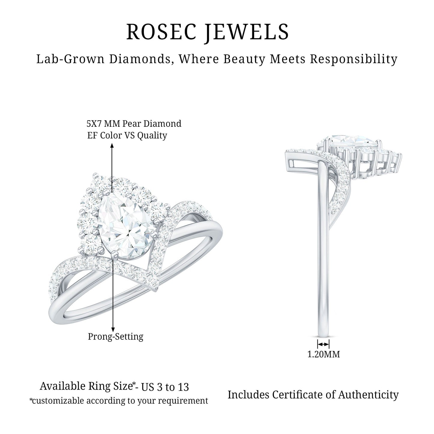 Pear Cut 5X7MM Lab Grown Diamond Designer Engagement Ring