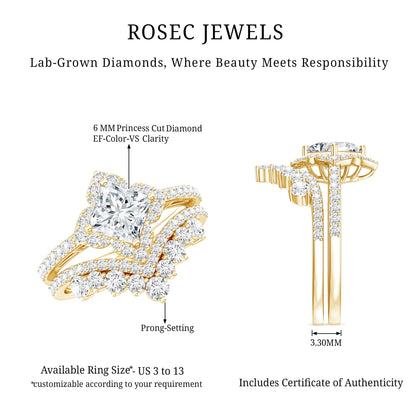 6 MM Princess Cut Lab Grown Diamond Designer Bridal Ring Set