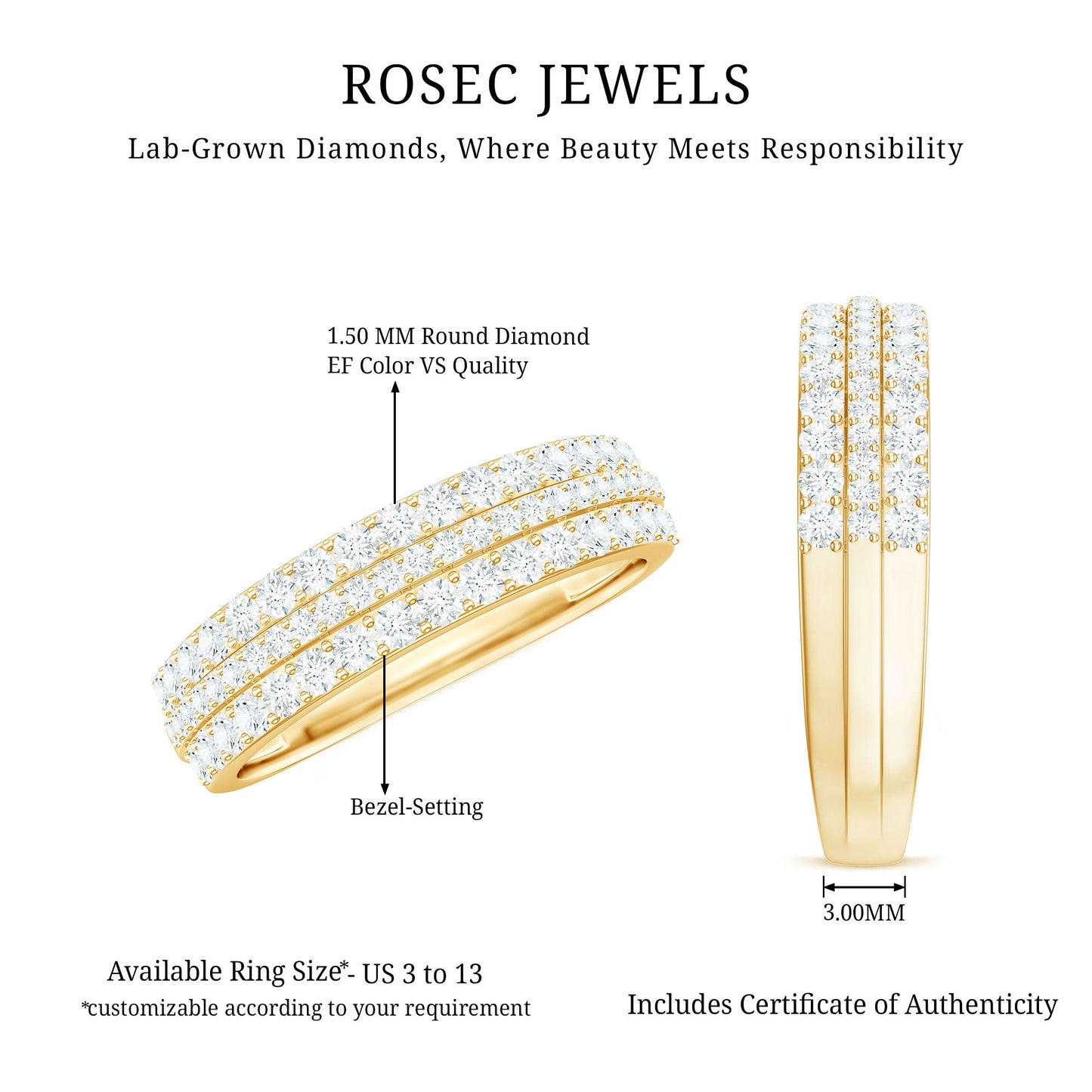 Certified Lab Grown Diamond 3 Row Wedding Band