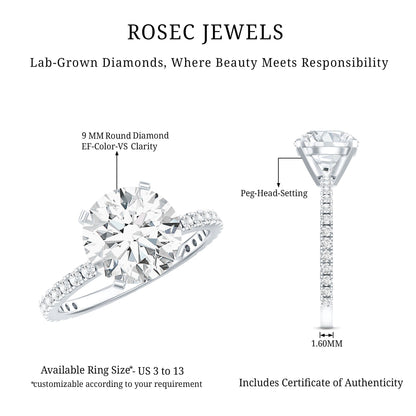 Certified 9 MM Lab Grown Solitaire Diamond Engagement Ring