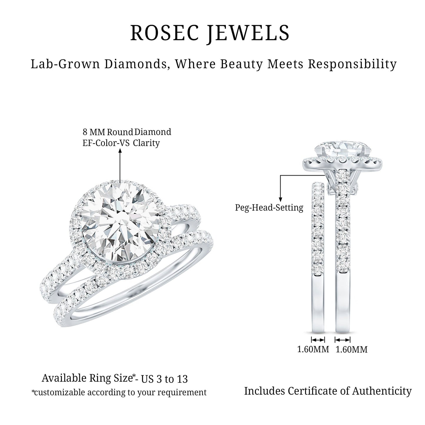 Certified Lab Grown Diamond Halo Ring With Wedding Band