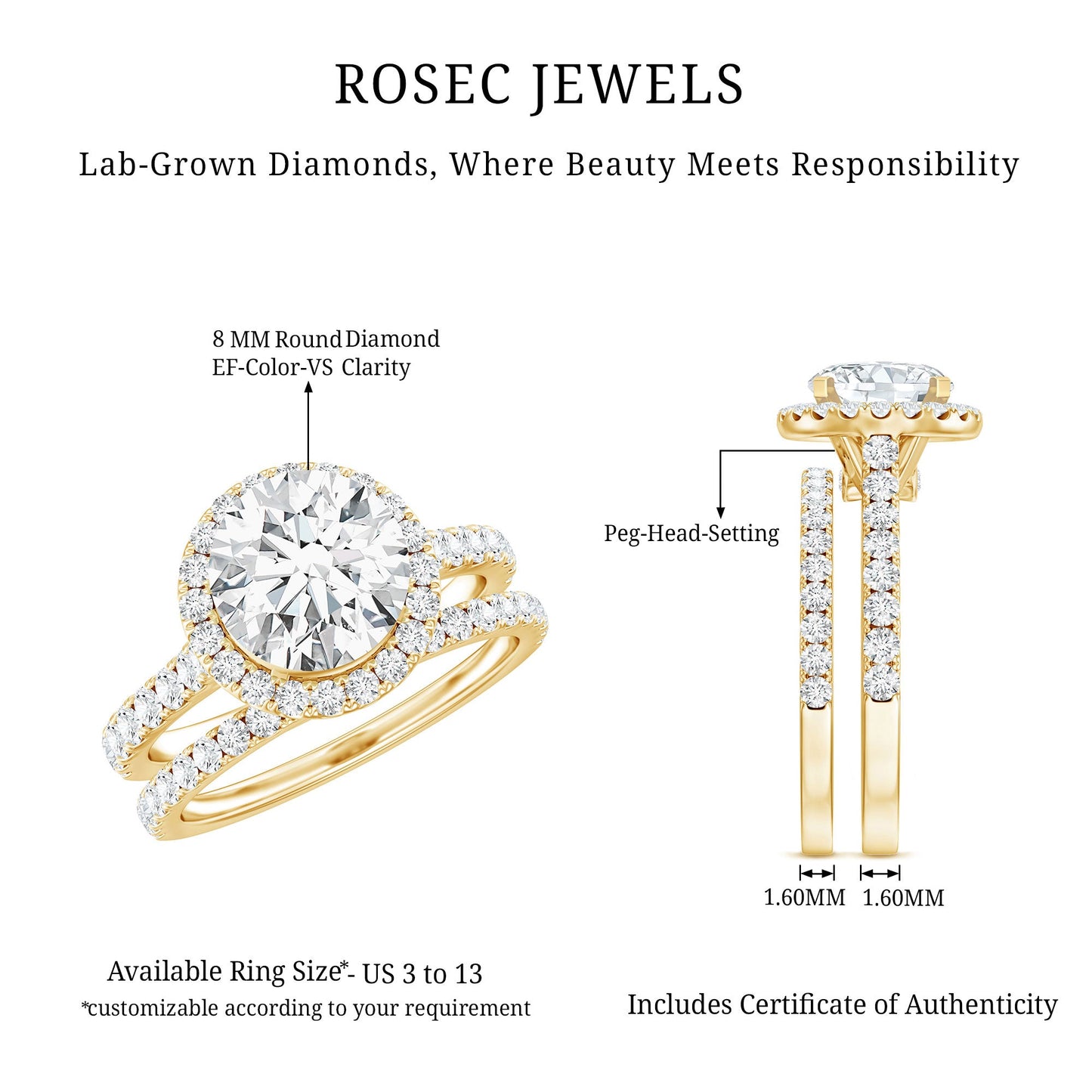 Certified Lab Grown Diamond Halo Ring With Wedding Band