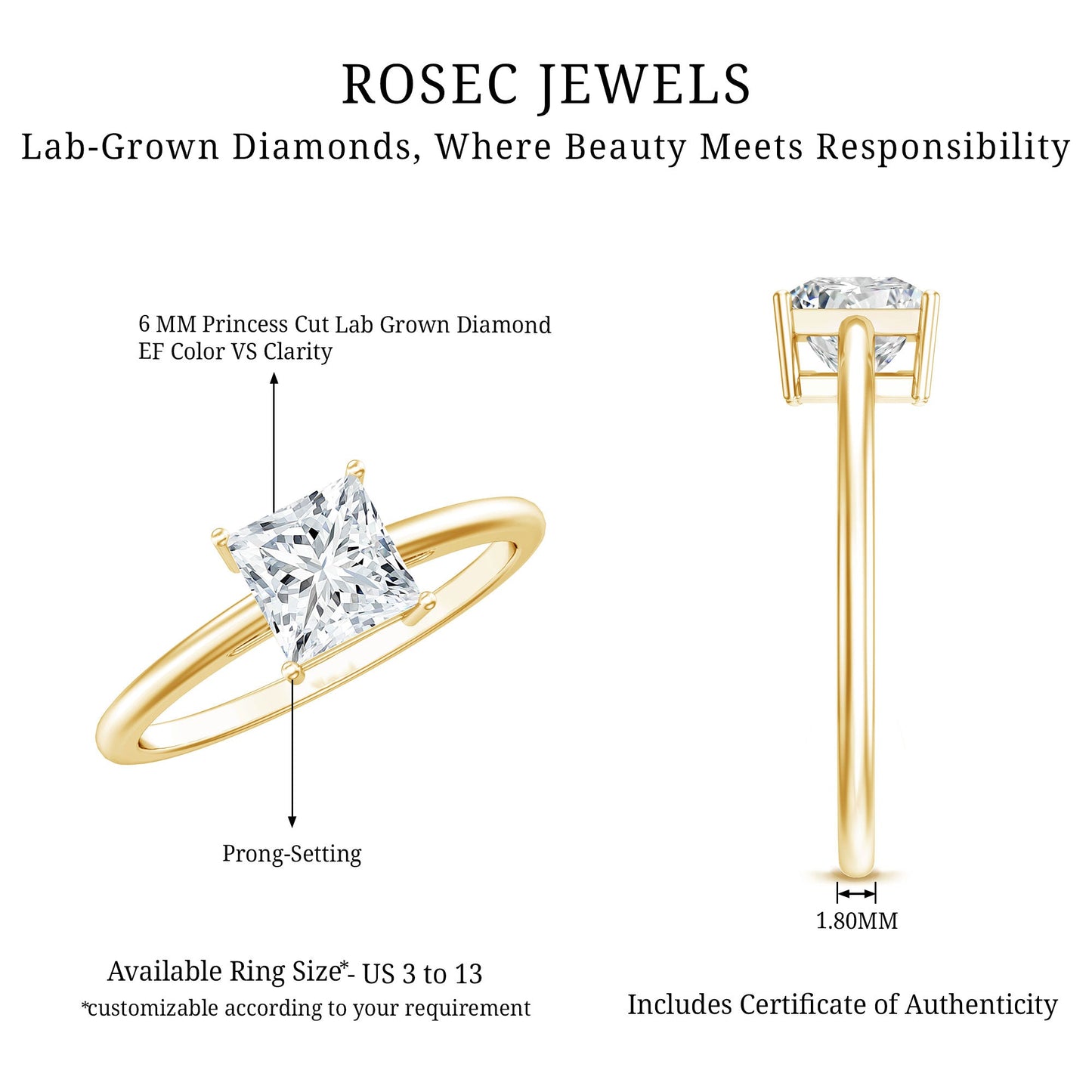 Certified Lab Grown Diamond 6 mm Square Cut Engagement Ring