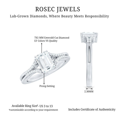Emerald Cut Lab Diamond Engagement Ring With Split Shank Ring