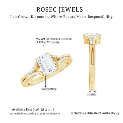 Emerald Cut Lab Diamond Engagement Ring With Split Shank Ring