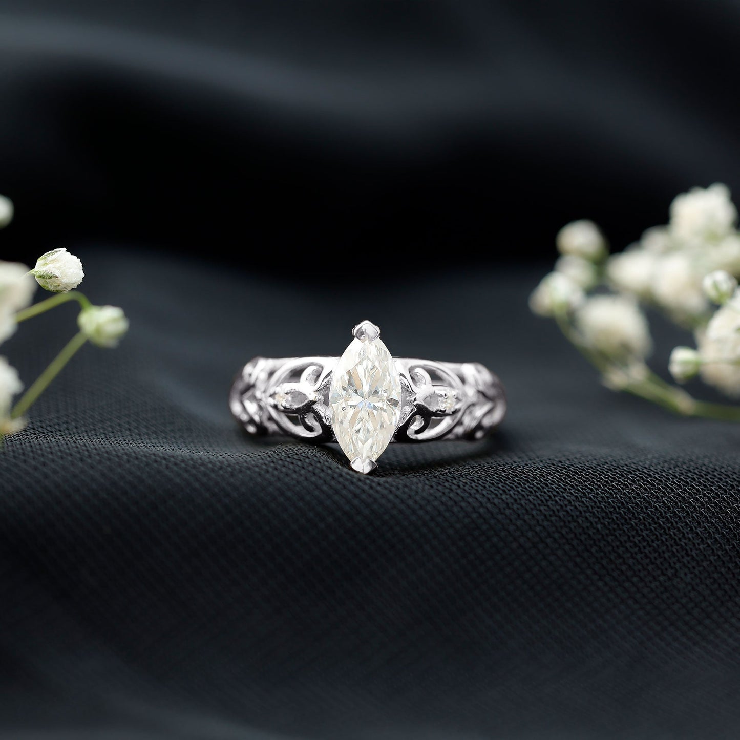 Marquise Cut Lab Grown Diamond Solitaire Filigree Engagement Ring