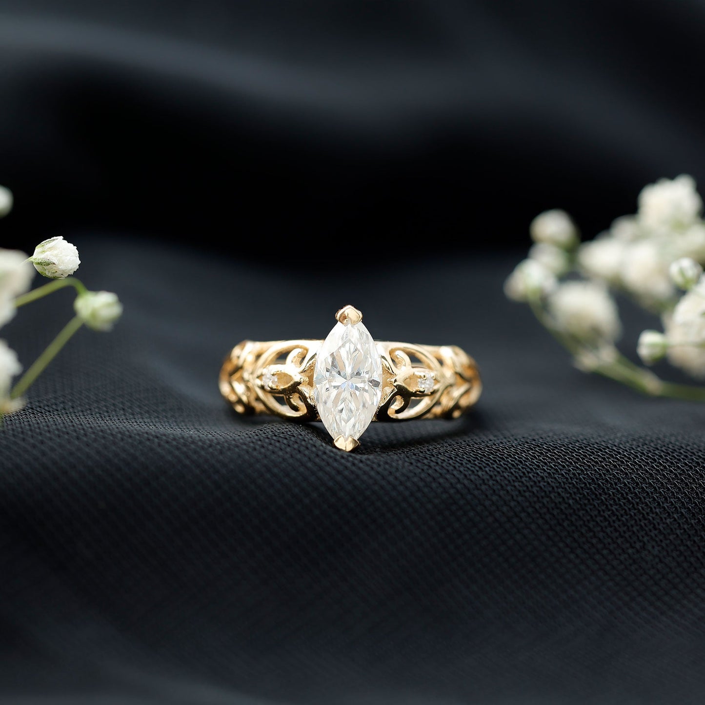 Marquise Cut Lab Grown Diamond Solitaire Filigree Engagement Ring