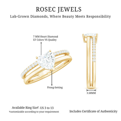 7 MM Heart Shape Lab Grown Diamond Double Band Solitaire Ring