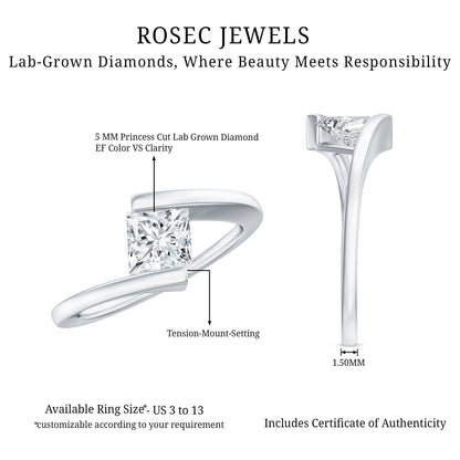 5 mm Princess Cut Lab Grown Diamond Ring With Tension Setting