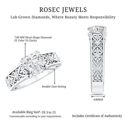 Certified 1 Carat Heart Lab Created Vintage Engagement Ring