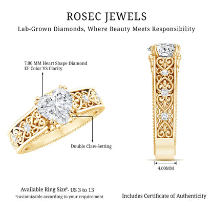 Certified 1 Carat Heart Lab Created Vintage Engagement Ring