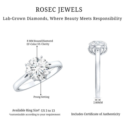 Lab Grown Diamond 8mm Round Engagement Ring With Certificate