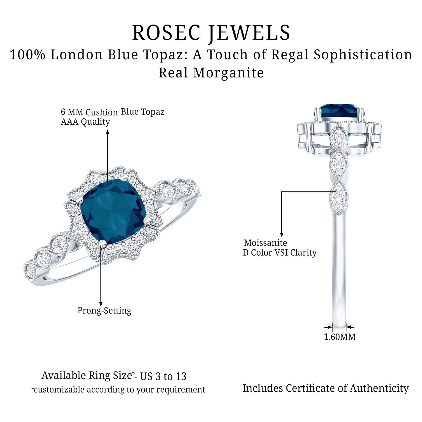 Genuine London Blue Topaz Antique Looking Engagement Ring in Silver