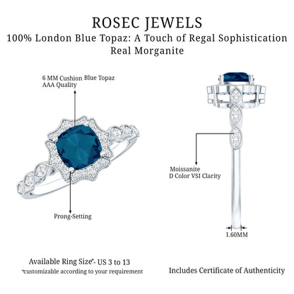 Genuine London Blue Topaz Antique Looking Engagement Ring in Silver