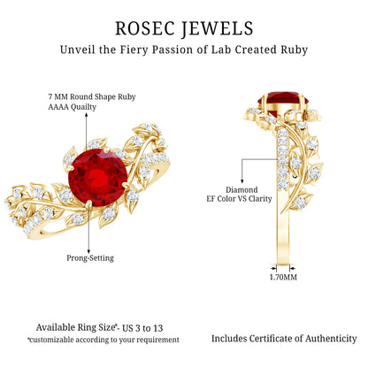 Lab Created Ruby and Diamond Vine Engagement Ring in Silver