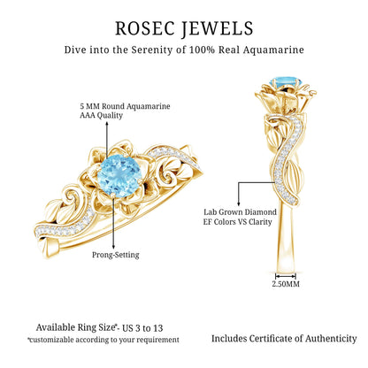 Natural Aquamarine and Diamond Flower Engagement Ring in Gold Plated Silver