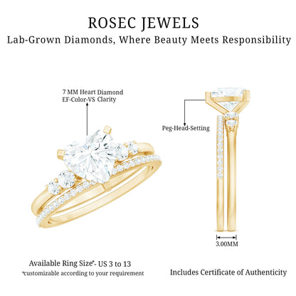 Certified Lab Grown Diamond 7MM Heart Bridal Ring Set