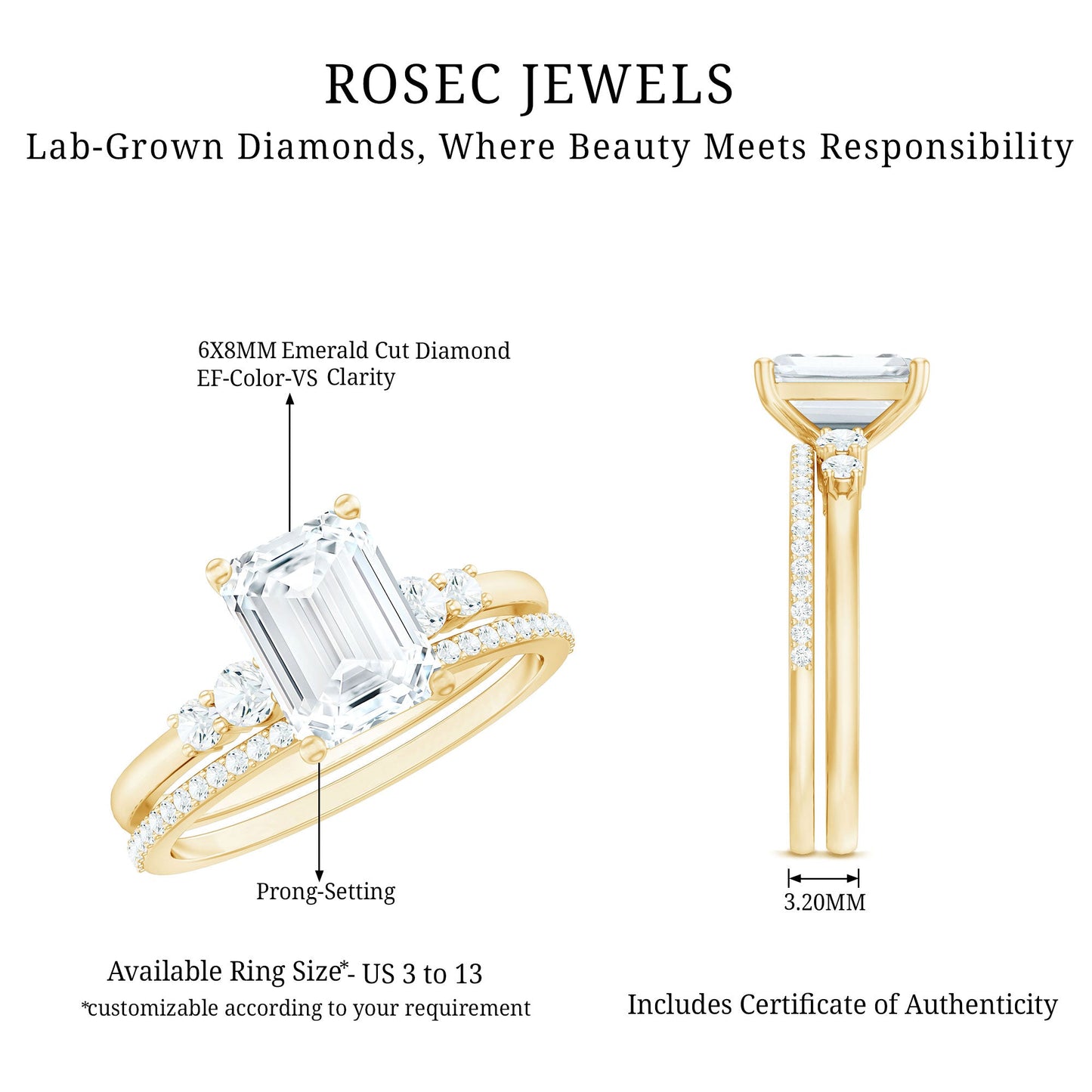 Certified Lab Grown Diamond 6X8MM Emerald Cut Engagement Ring with Band