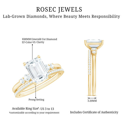 Certified Lab Grown Diamond 6X8MM Emerald Cut Engagement Ring with Band