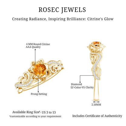 Genuine Citrine Rose Engagement Ring with Diamonds