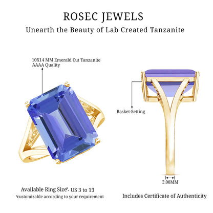 8 Carat Lab Created Tanzanite Emerald Cut Engagement Ring with Split Shank