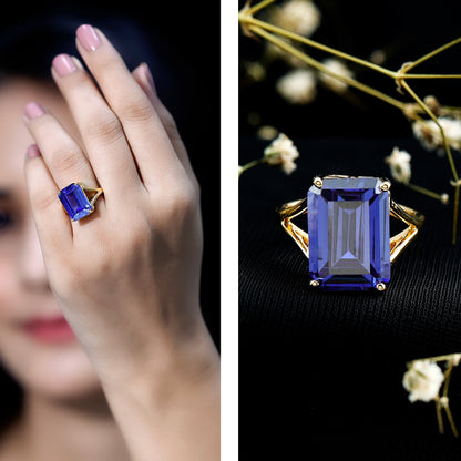 8 Carat Lab Created Tanzanite Emerald Cut Engagement Ring with Split Shank
