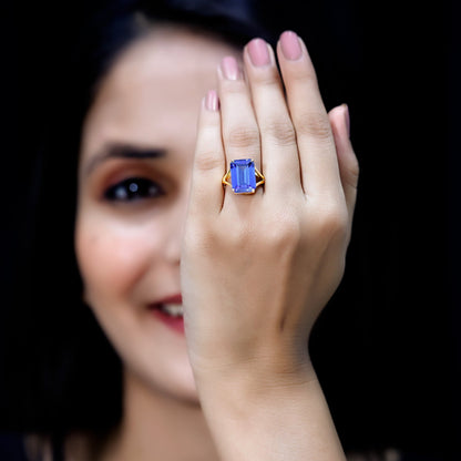 8 Carat Lab Created Tanzanite Emerald Cut Engagement Ring with Split Shank