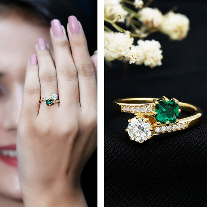 Lab Created Emerald and Moissanite Two Stone Engagement Ring in Silver
