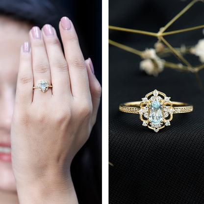 Genuine Sky Blue Topaz Vintage Engagement Ring in Gold Plated Silver