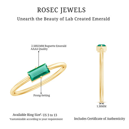 Baguette Cut Lab Emerald Solitaire Promise Ring in East West Style
