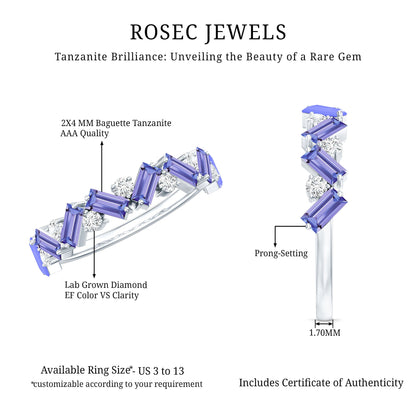 Baguette Cut Tanzanite and Diamond Half Eternity Stackable Ring